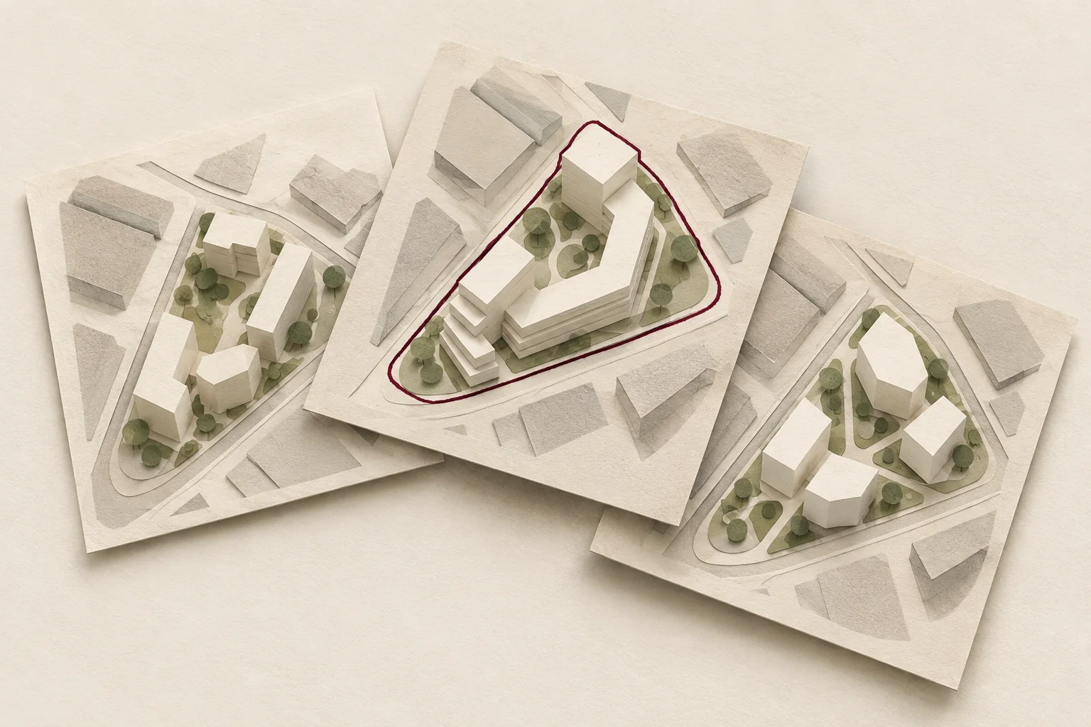 Three distinct conceptual site-massing options arranged on paper tiles for comparison.