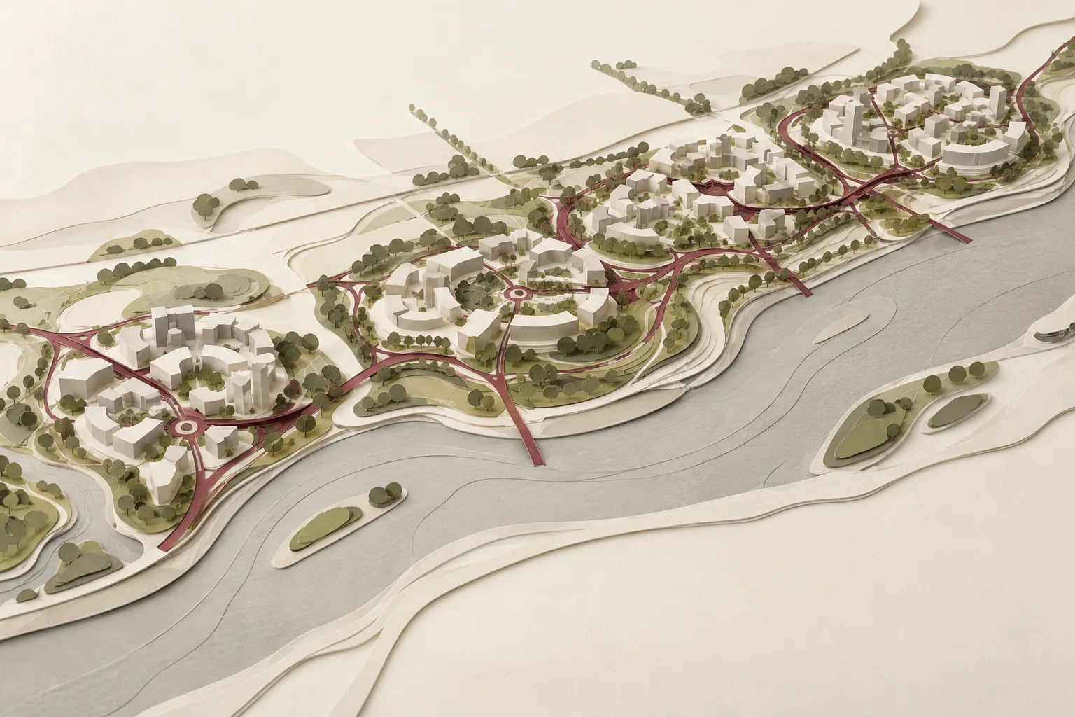 Illustrative district study connecting neighbourhood clusters, an open-space spine and a river edge.