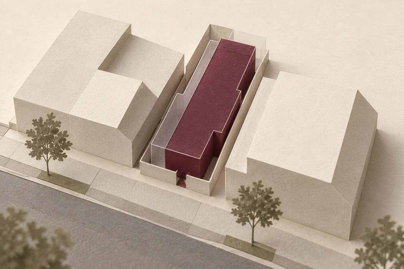 Abstract infill-site study showing relationships between a central footprint, adjacent building masses and a boundary layer.