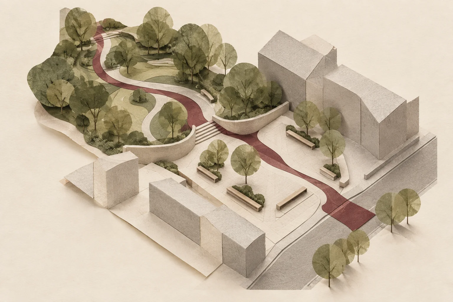 Illustrative park-to-street connection with curved paths, a small square, trees and seating edges.