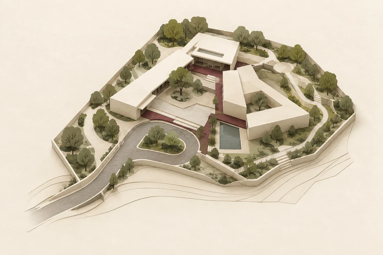 Illustrative site layout relating building masses, access, pedestrian movement and planted edges.