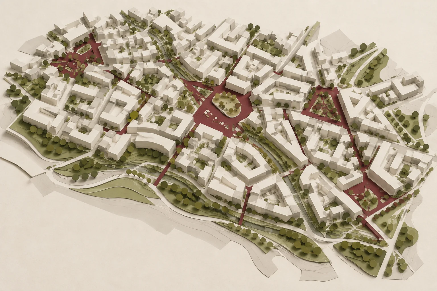 Abstract ivory urban blocks connected by civic spaces, pedestrian routes and green corridors.
